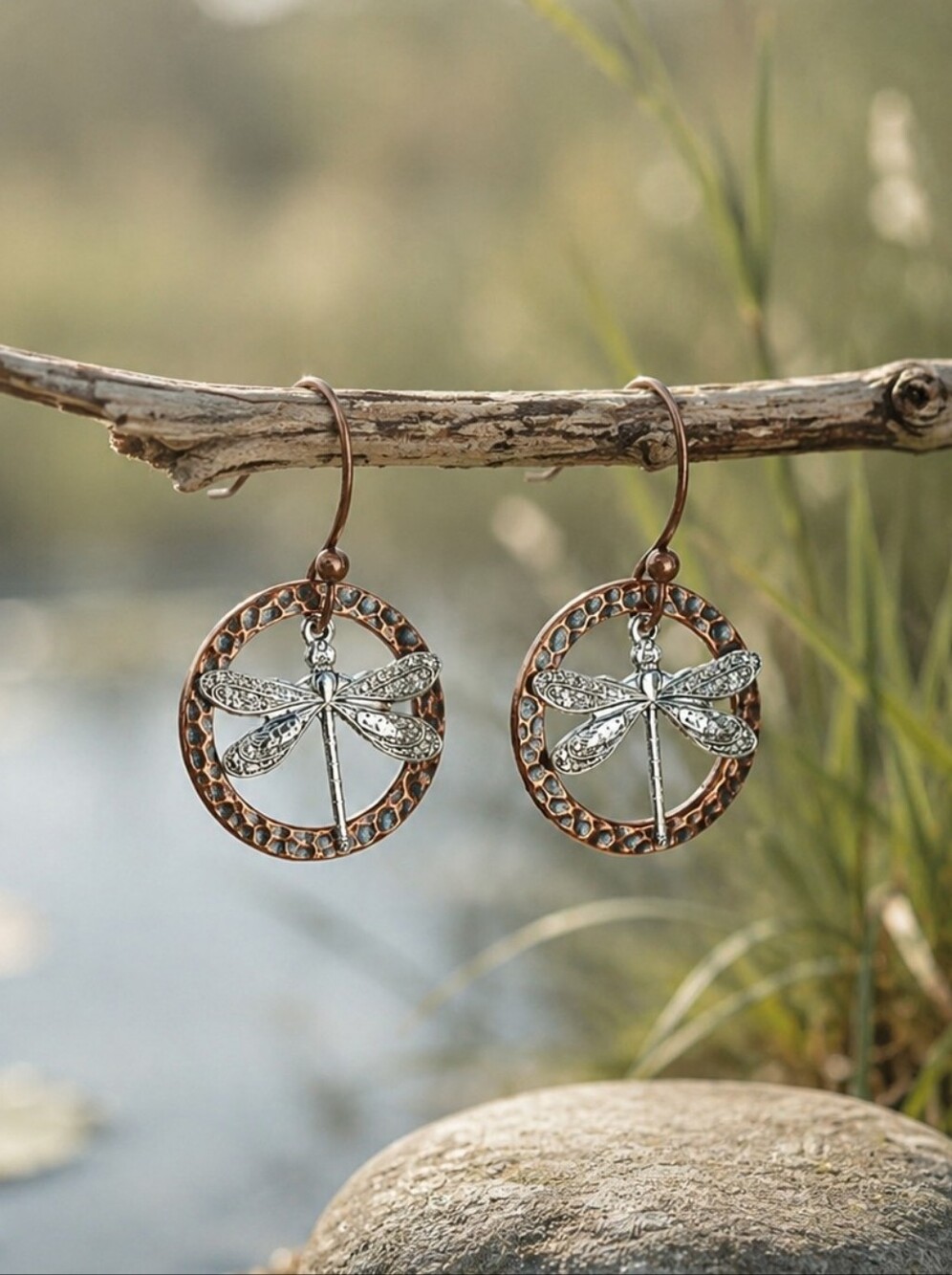 Dragonfly Copper Silver Earrings Nature Inspired Artisan Jewelry Hand Crafted